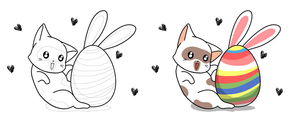 幼稚可爱的猫和复活节兔子蛋卡通彩页为孩子们着色页卡通可爱