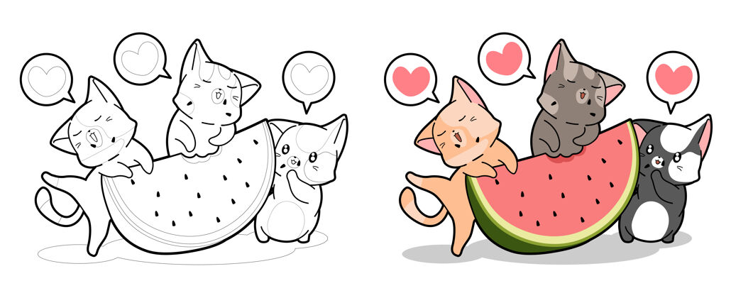 幼稚可爱的猫正在吃西瓜卡通彩页动物猫西瓜