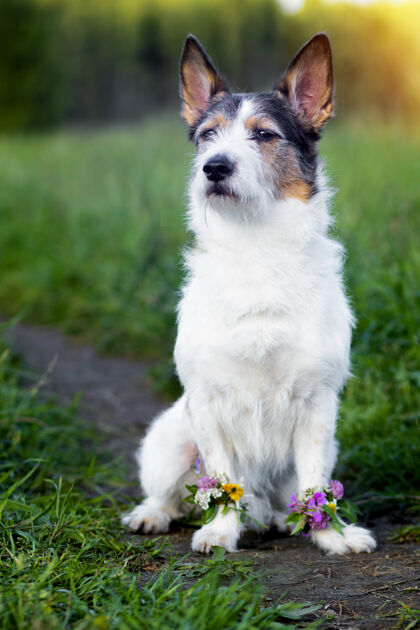 家养绿色草地上的狗的画像 夏天花在爪子可爱宠物入内夏季.垂直相框摄影狗自然阳光
