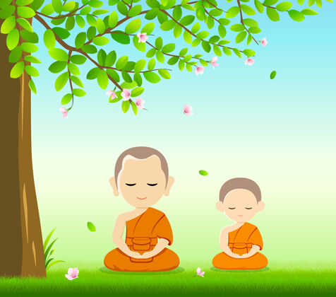 户外泰国僧侣和泰国新手 佛教禅修坐下来 在草地上以树和花为背景 插画树植物佛教