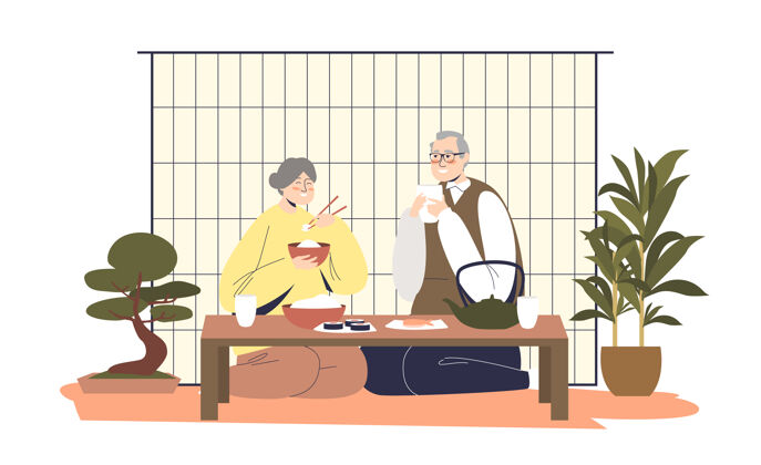 年龄一对日本老夫妇孤零零地坐在家里一起吃饭房子老年人东方