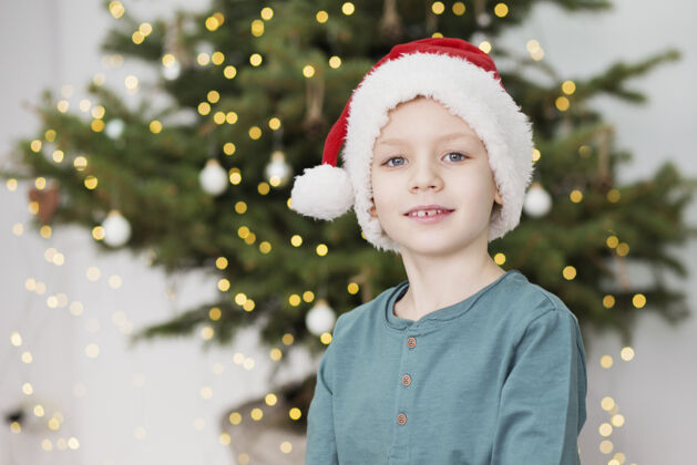 孩子美丽的孩子在装饰圣诞树前的圣诞服装肖像肖像人十二月
