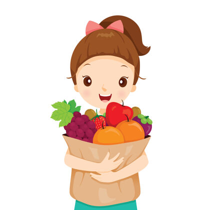 卡通女孩拎着装满水果的袋子 健康饮食销售袋子商店