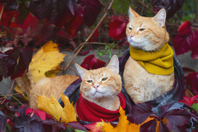 两个两只一模一样的双胞胎红色猫咪戴着围巾 在阳光的照耀下以红色为背景树叶户外还有外面太阳有趣叶子