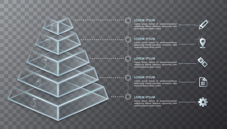 用户界面信息图设计透明玻璃三维金字塔和图标流程图技术步骤