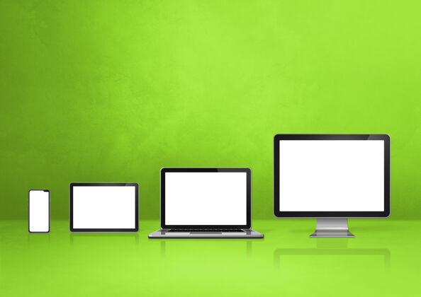 反射电脑 笔记本电脑 手机和数字平板电脑-绿色办公桌背景三维插图平板电脑空白空间3d
