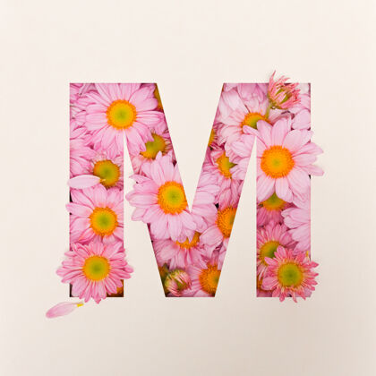 花字体设计 抽象字母字体与粉红色的花 现实的花卉排版-m字体花瓣植物