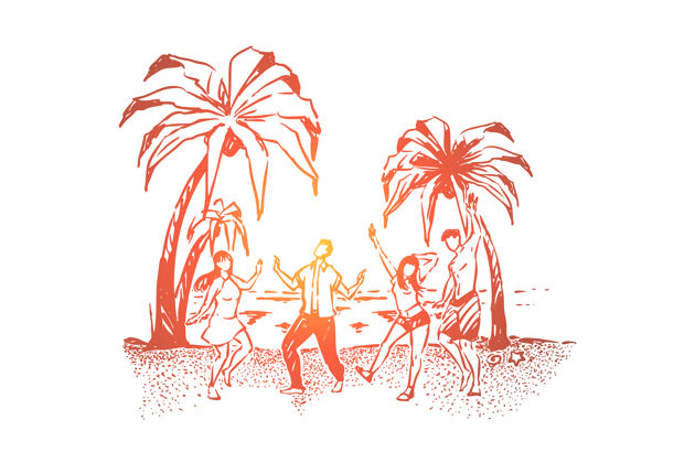 舞蹈年轻人在海边跳舞 无忧无虑的男女插画大海棕榈学生