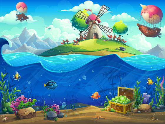 黄金海底世界与飞艇上的岛屿插图海星气球浮子