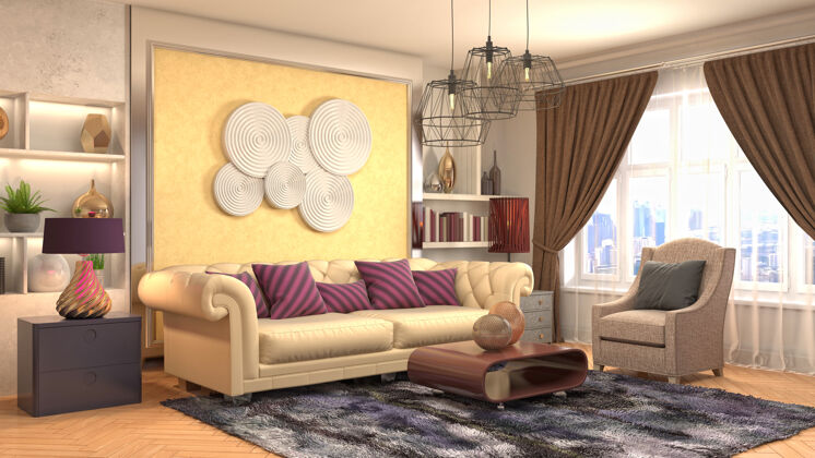 沙发客厅内部的插图装饰枕头公寓