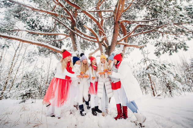 冬天假期冬天站着一大群带橘子的姑娘森林女孩穿着红白相间的衣服 在白雪覆盖的森林里结着水果新年快乐街道狗