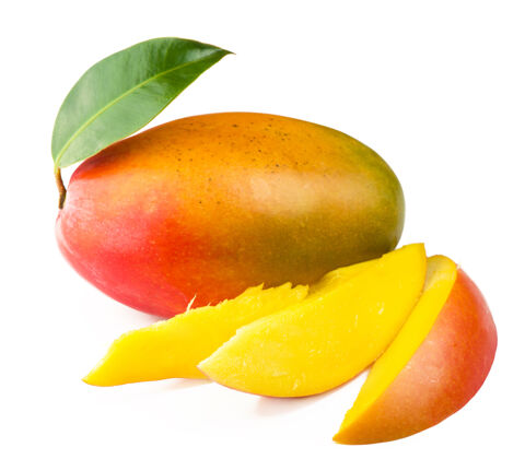 甜味芒果果与绿色叶子隔离在白色背景上营养异国情调热带