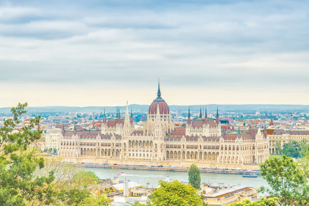 圆顶布达佩斯市的景观 匈牙利议会大厦-匈牙利首都最美丽的建筑之一老旅游匈牙利