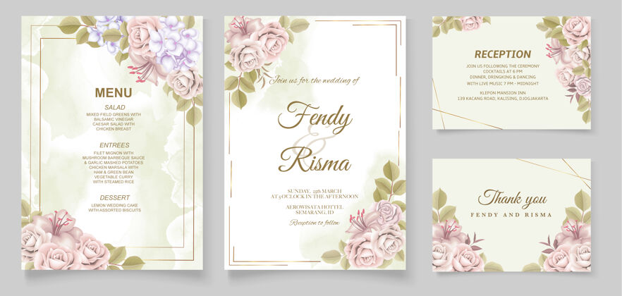 花卉优雅的手绘婚礼请柬花卉设计卡片设置模板