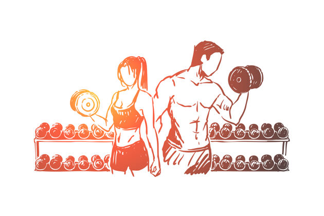 运动健美夫妇在健身房锻炼 举重运动插图素描举重物理