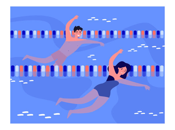女子一对男女在游泳池里游泳泳道壁板水面