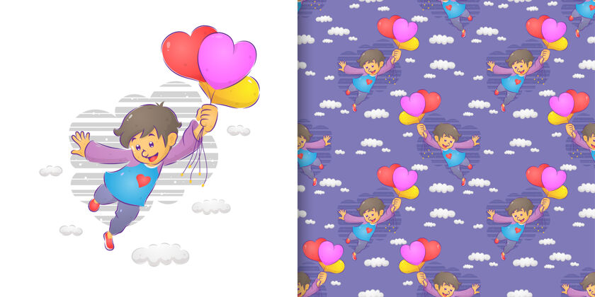 男孩水彩图案集男孩放飞五颜六色的气球人卡通气球