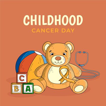 健康儿童癌症日与泰迪熊手绘癌症童年疾病