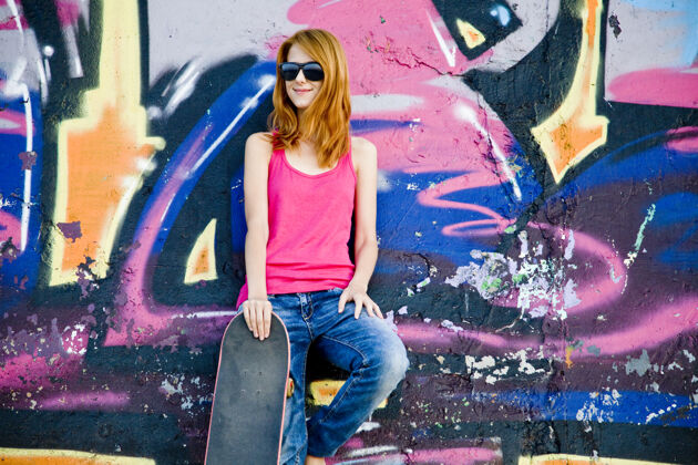 肖像在涂鸦墙上用滑板给女孩做造型休闲滑板自然