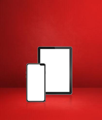 灯光红色办公桌上的手机和数字平板电脑3d插图场景3d移动