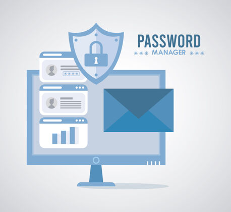 登录密码管理器主题与挂锁在盾牌和桌面插图文本设置数据