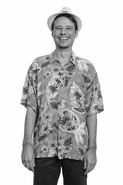 成人穿着夏威夷衬衫 穿着黑白相间的衣服准备度假的帅哥游客年龄帅气夏威夷