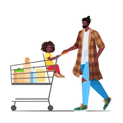乐趣父亲带着小女儿在超市里用手推车买日用品父爱育儿购物理念生活方式年轻父爱