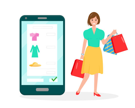 商店屏幕上有购物单的智能手机和带购物袋的快乐女人屏幕人员通信