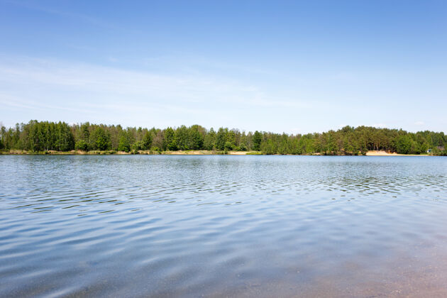 透明湖水碧蓝 岸边树木繁茂反射天干净
