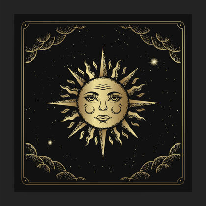 深奥美丽的太阳脸在豪华雕刻手绘风格天空太阳星体