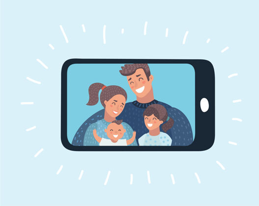 一天智能手机屏幕上的快乐家庭图片的卡通插图自拍家庭照片