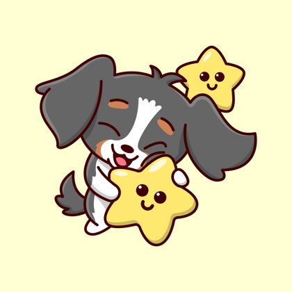 狗插画可爱的黑色小狗正在玩和拥抱一个大明星卡通插画动物明星设计