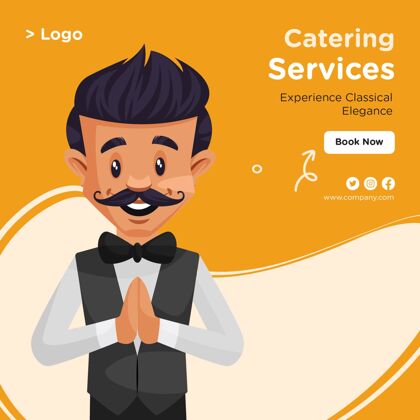 服务员餐饮服务横幅设计卡通风格模板服务餐厅工作