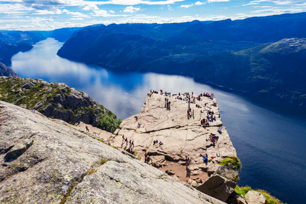 悬崖Preikestolen或prekestolen或讲坛岩石鸟瞰图 挪威岩石高原远足