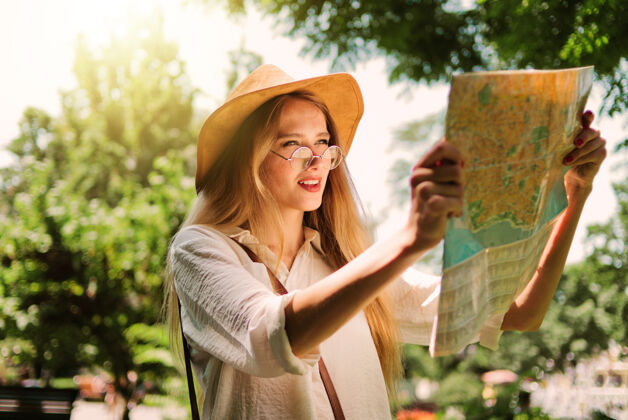 背包旅游理念 去新的城市旅游一个戴毡帽的年轻女子正在欣赏城市地图街道地图探索