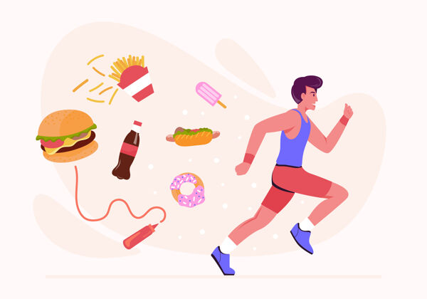 健美男人跑步是为了燃烧食物和零食中的卡路里 比如甜甜圈 甜饮料 薯条和薯条burgers.illustration平展的风格美味力量糖果