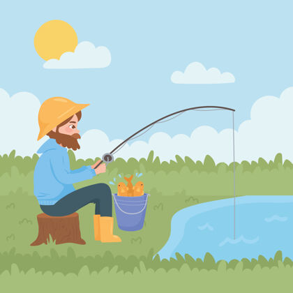 休闲坐在河里钓鱼的人坐在草地上渔夫男爱好
