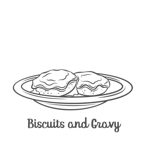 自制饼干和肉汁icon.drawn美国饼干覆盖着厚厚的白香肠肉汁手绘膳食轮廓