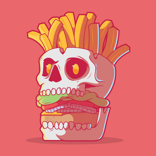 庆典汉堡骷髅配薯条插图快餐恐怖品牌设计理念快餐快乐肉