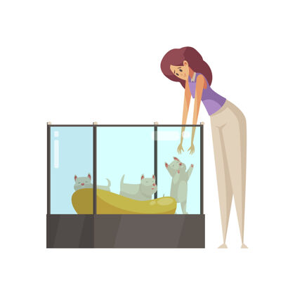 家庭卡通女人带着小狗在她的手在宠物店卡通朋友人物工作