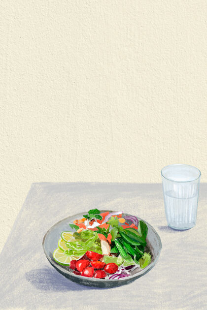 膳食沙拉背景健康食品颜色铅笔插图水食物晚餐