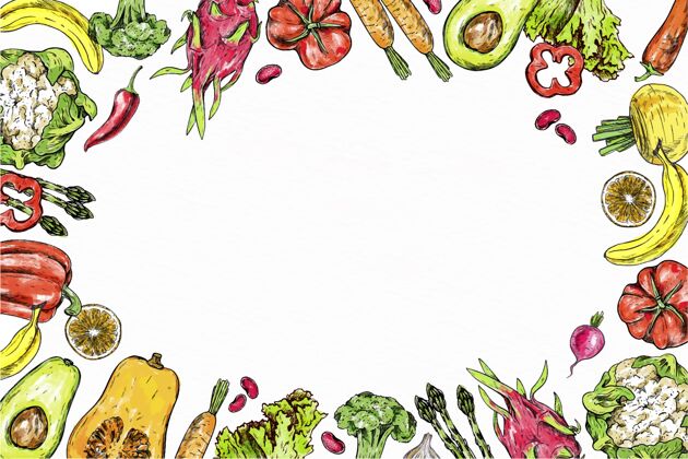 蔬菜水果和蔬菜手工制作的插图水果画框堆