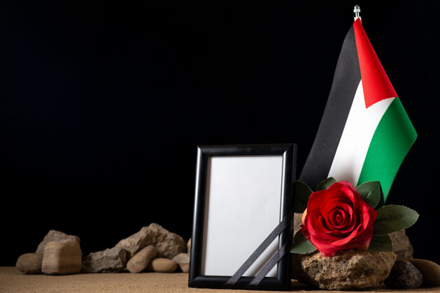 国旗带红色花朵和黑色石头的相框正面图国家爱国挥舞