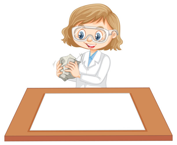 青年可爱的女孩穿着科学家制服 桌子上放着白纸家具孩子女性