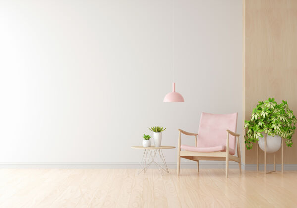 房间白色客厅的粉红色扶手椅 有复印空间室内空白复制空间