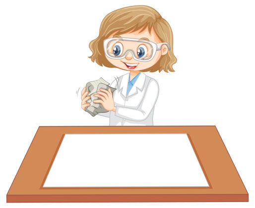 青年可爱的女孩穿着科学家制服 桌子上放着白纸家具孩子女性