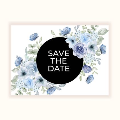 年份婚礼请柬用漂亮的花框蓝色保存日期花卉优雅