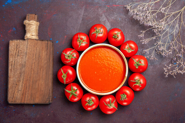 食物俯瞰美味的西红柿汤与新鲜的红色西红柿圈在黑暗的背景西红柿汤菜酱一餐水果酱汁膳食