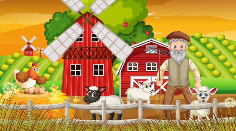 卡通日落时分的农场 老农夫和农场动物的场景男性可爱动物群