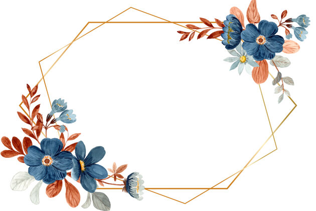 框架水彩画蓝色花卉与金色的框架花叶优雅